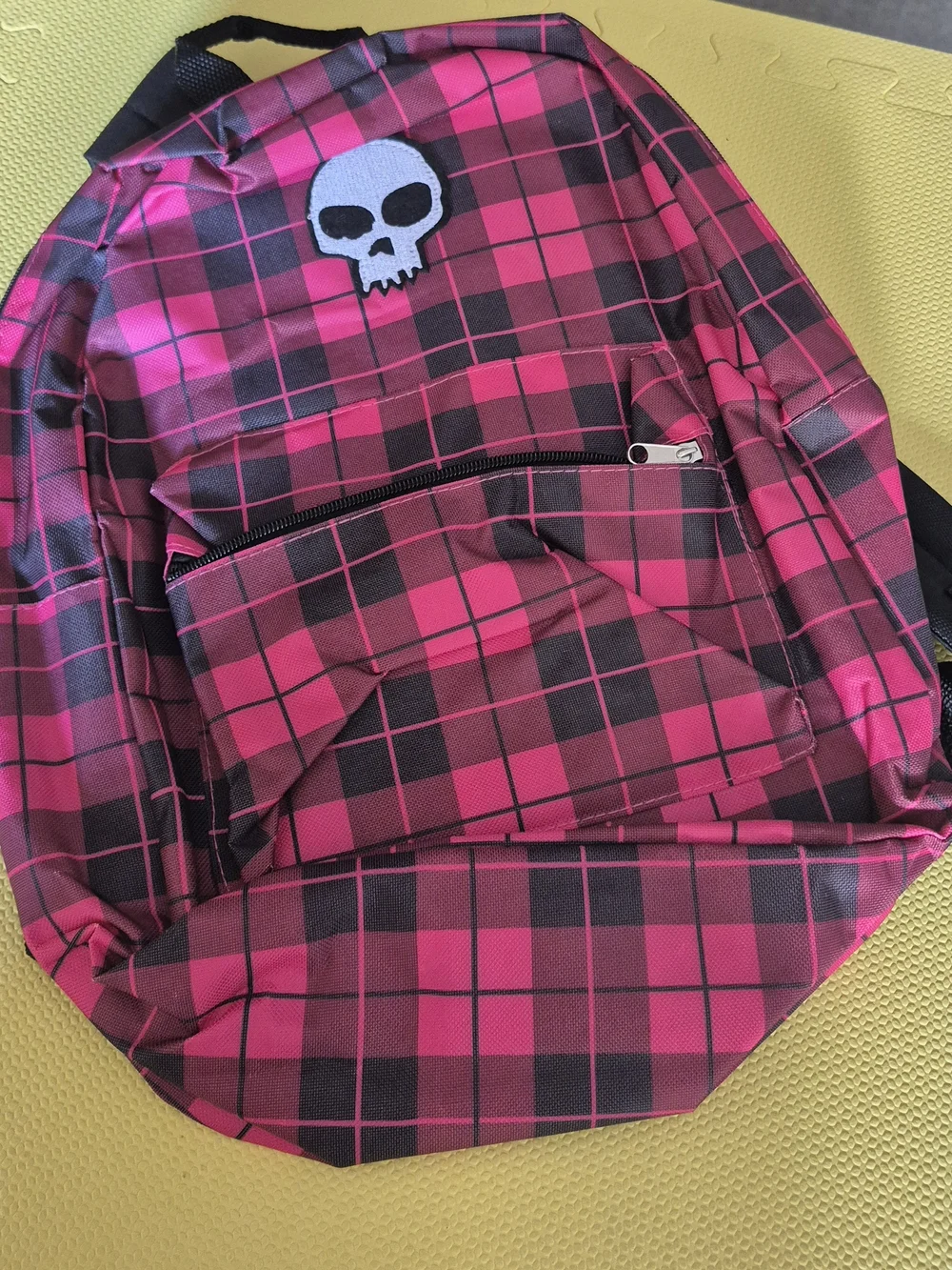 Source Unknown Hot Pink and Black Plaid Backpack with Skull Patch